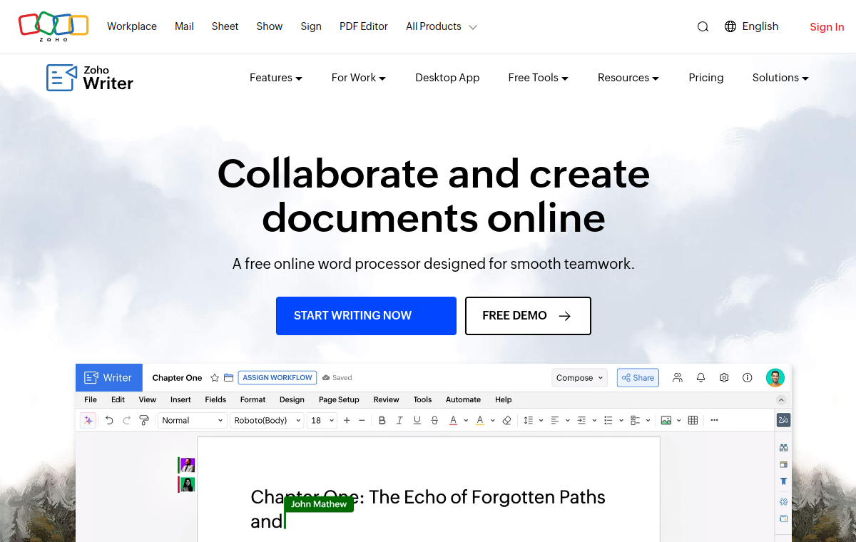 Zoho Writer official website screenshot