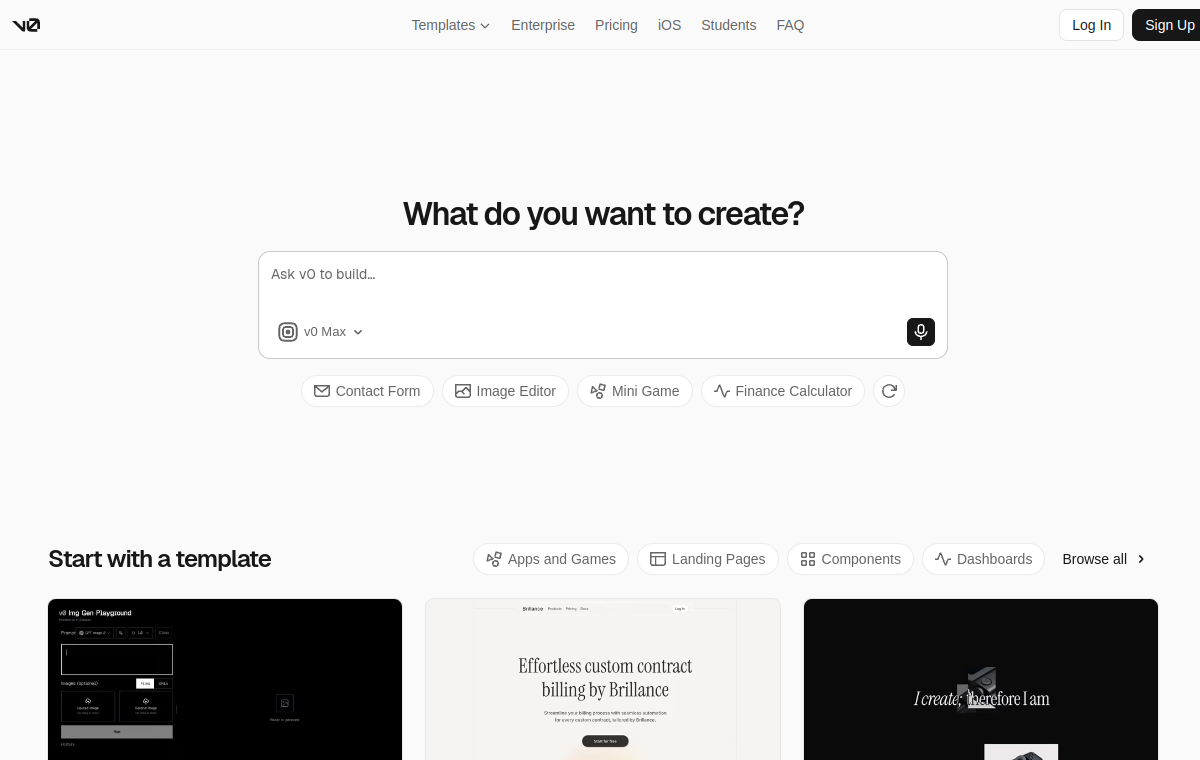 v0 by Vercel official website screenshot