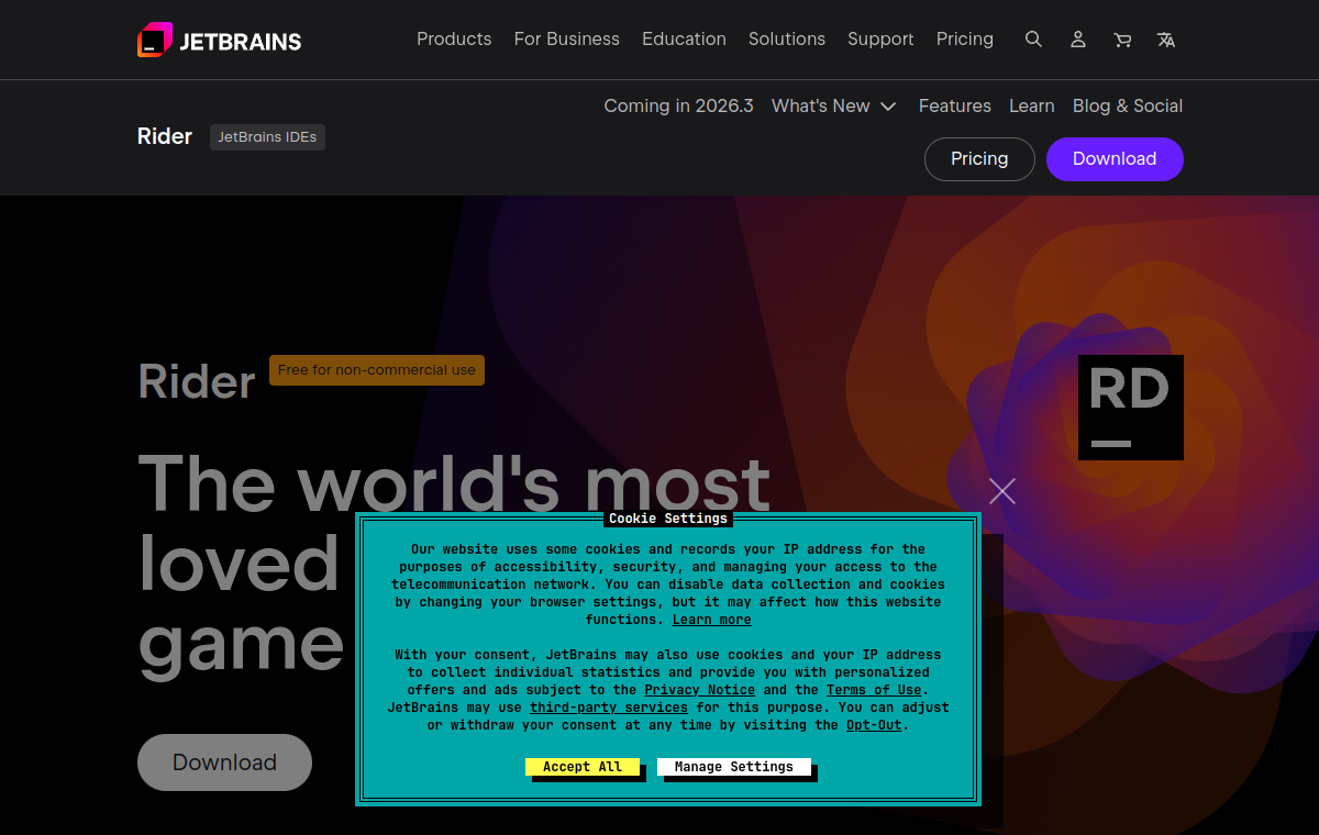 JetBrains Rider official website screenshot