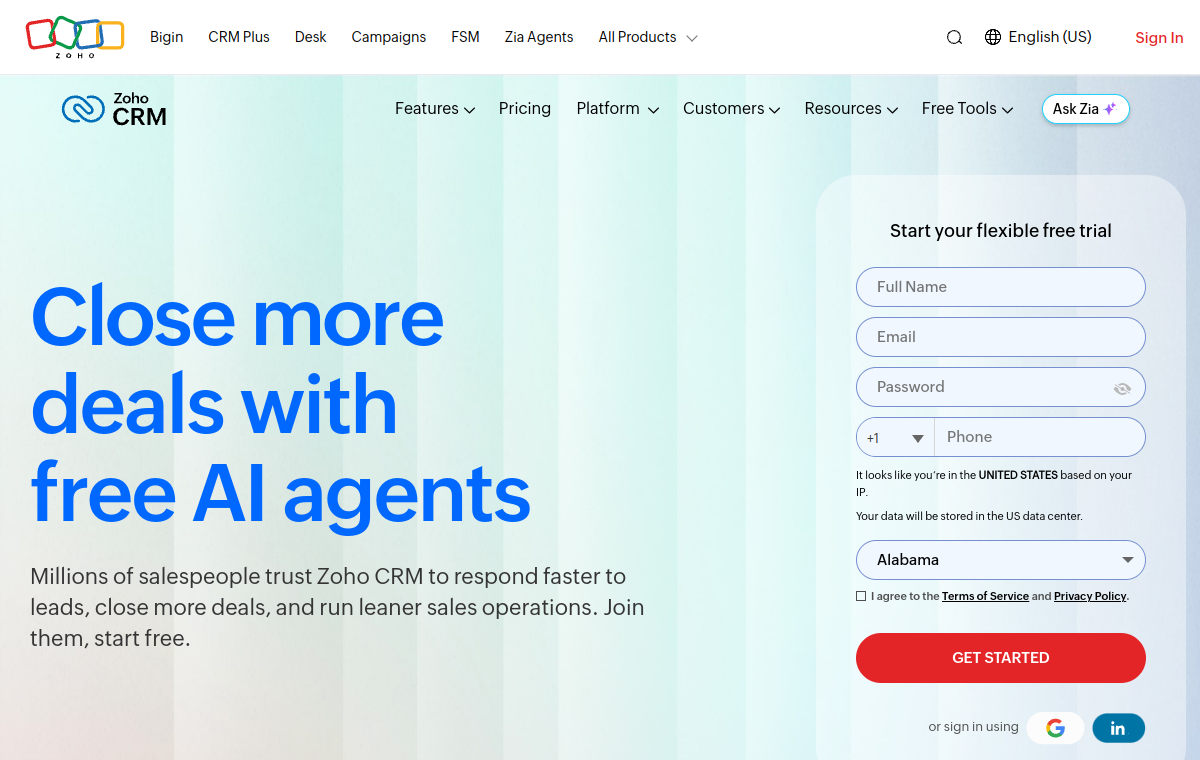 Zoho CRM official website screenshot