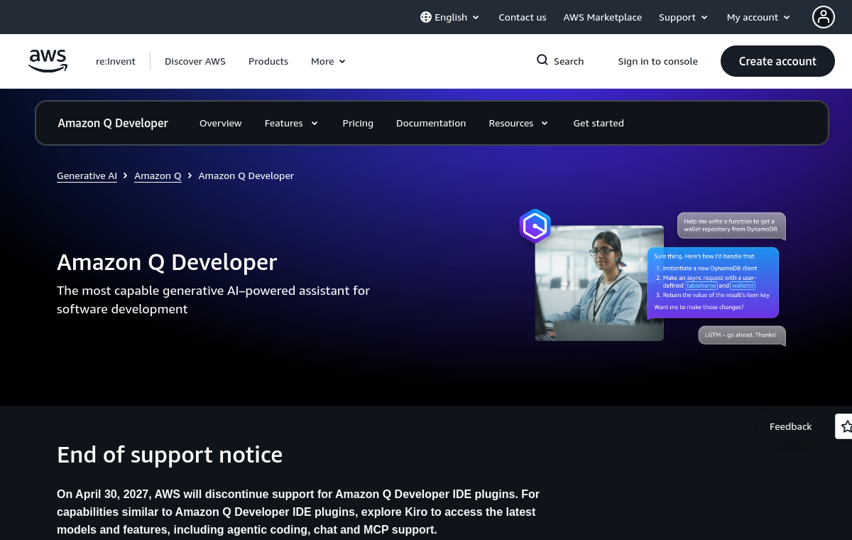 Amazon Q Developer official website screenshot