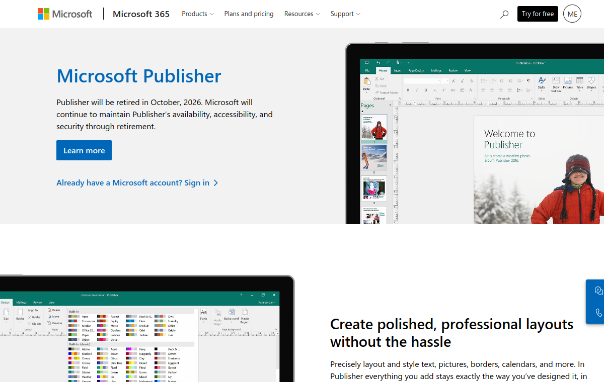 Microsoft Publisher official website screenshot