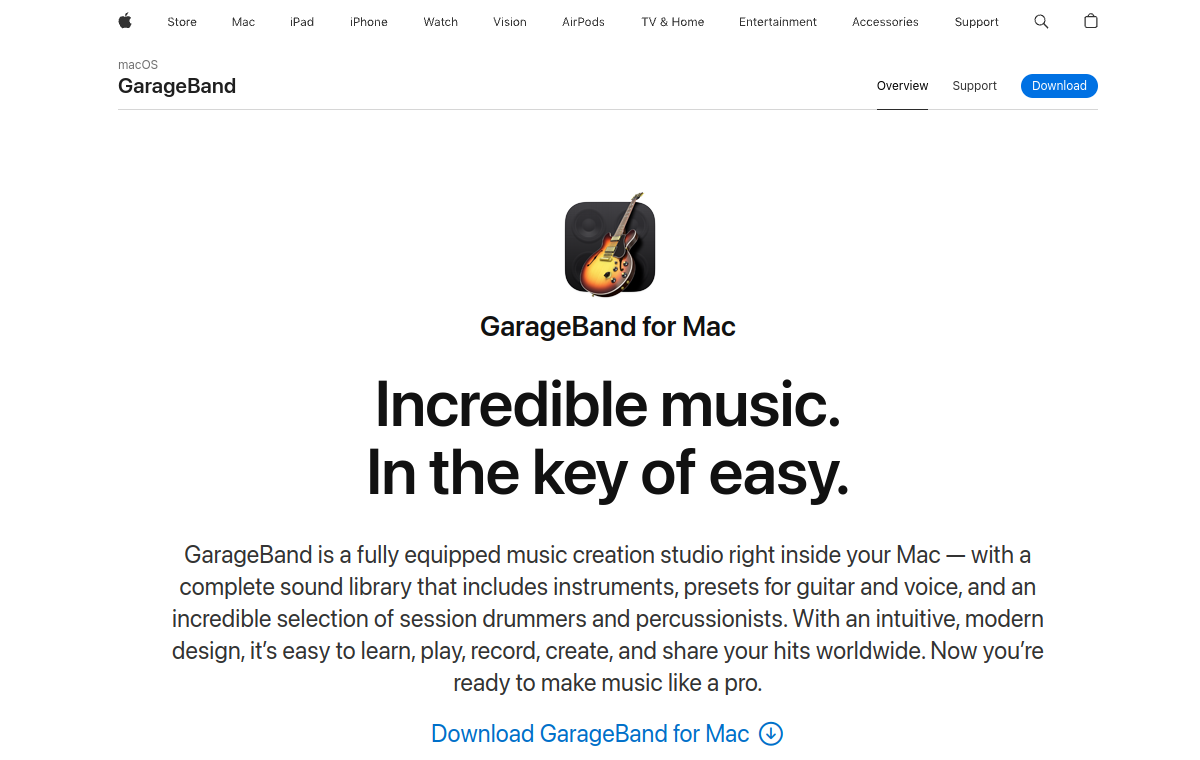 GarageBand official website screenshot
