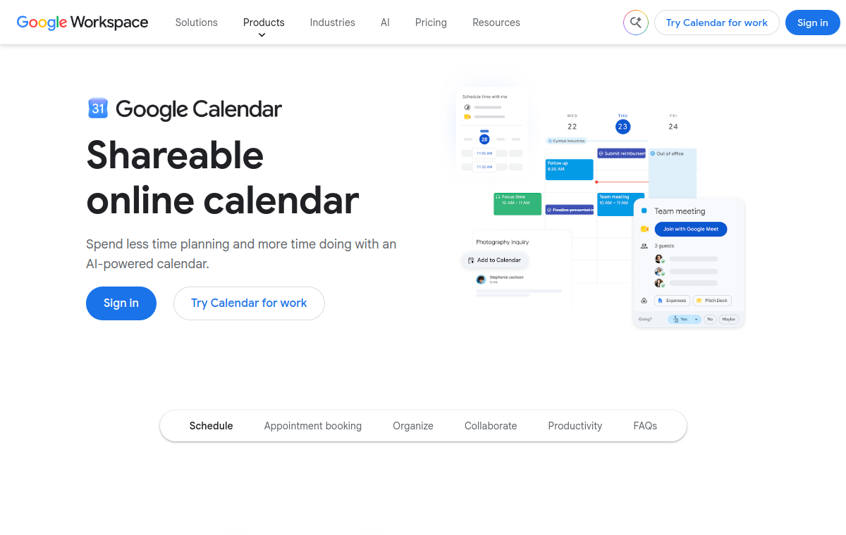Google Calendar official website screenshot