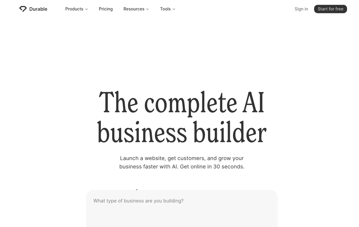 Durable official website screenshot