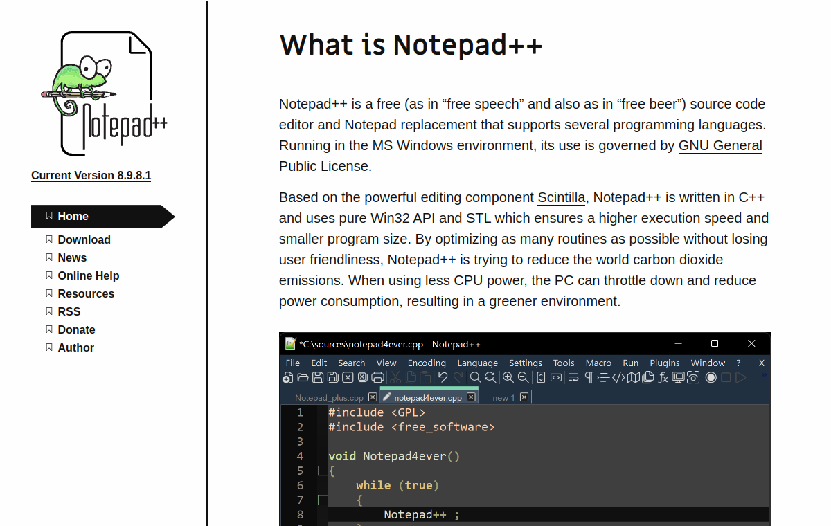 Notepad++ official website screenshot