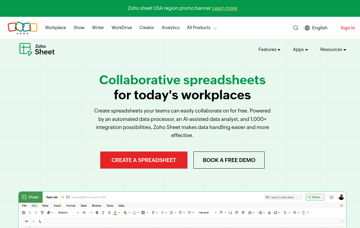 Zoho Sheet official website screenshot
