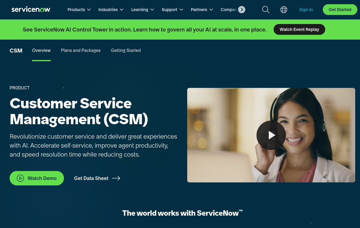 ServiceNow CSM official website screenshot