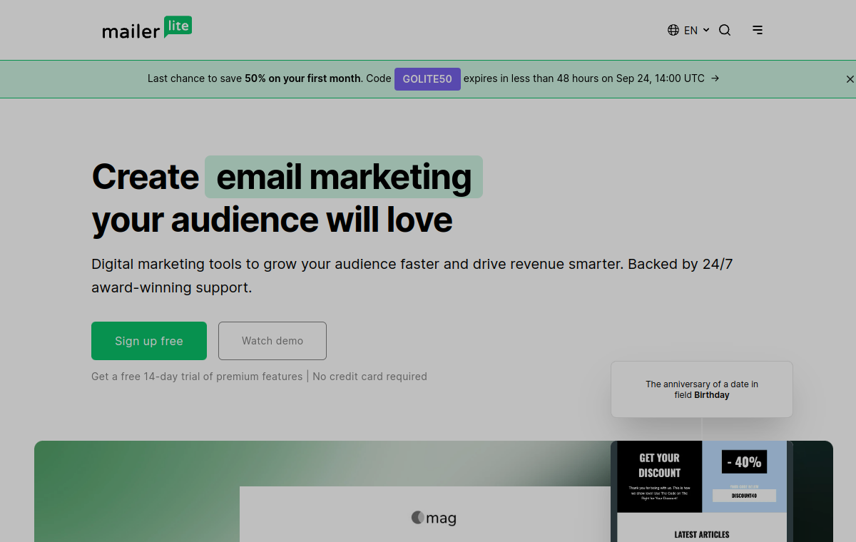 MailerLite official website screenshot