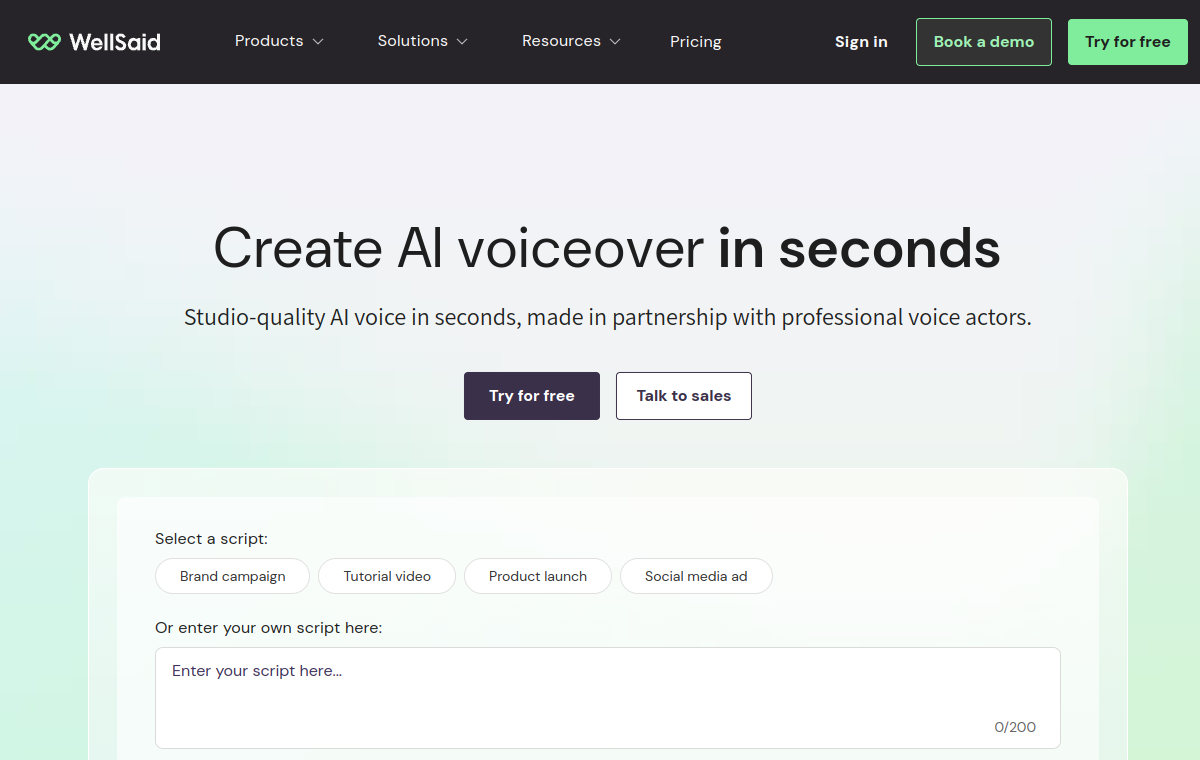 WellSaid Labs official website screenshot