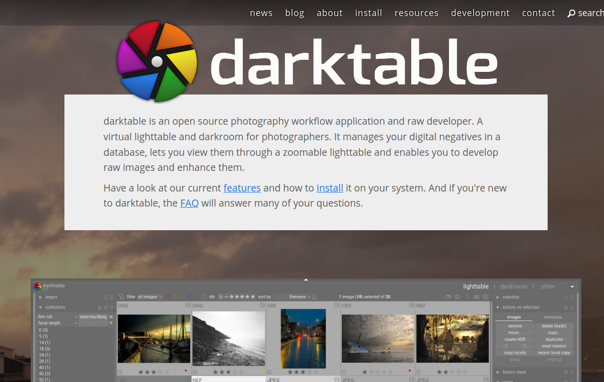 darktable official website screenshot