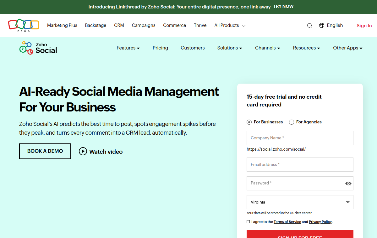 Zoho Social official website screenshot